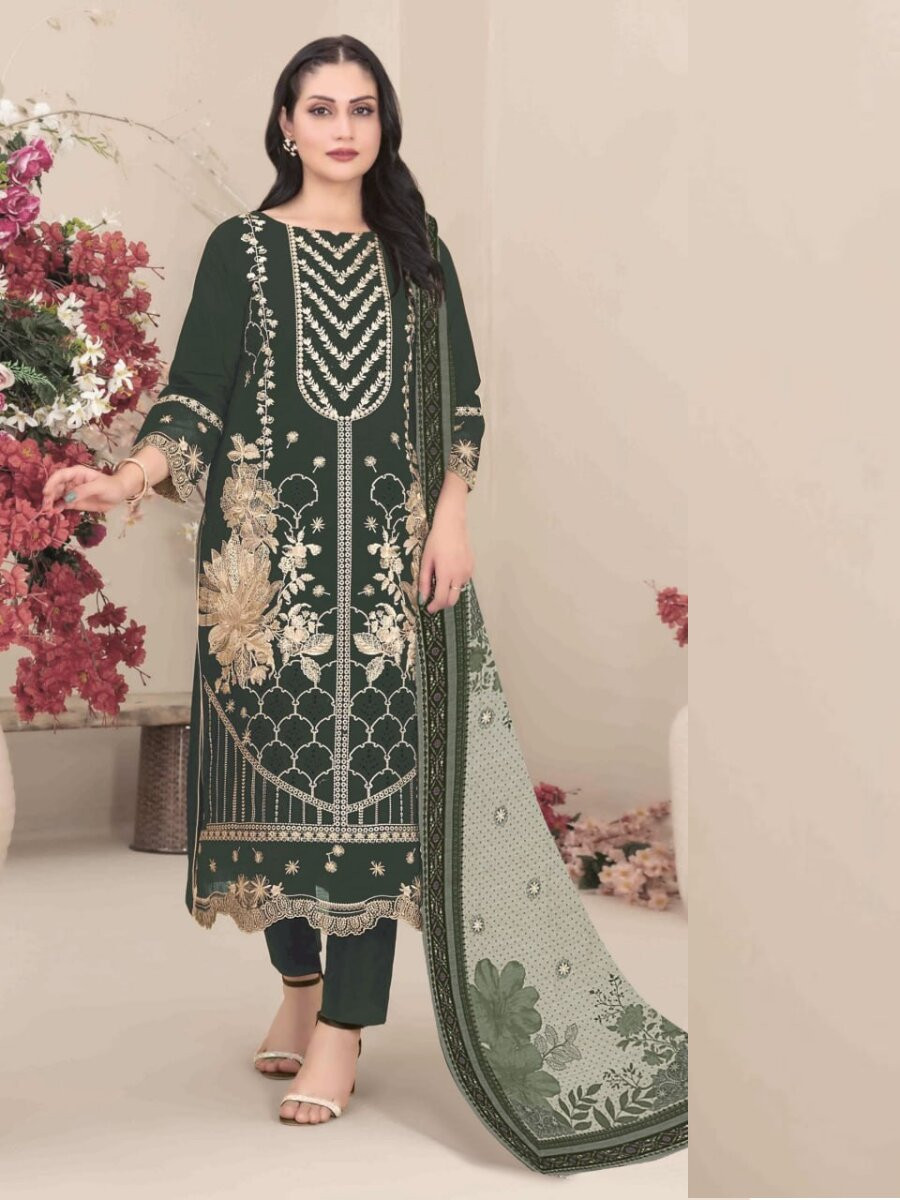 Green Fox Georgette Embroidery Casual Festival Wedding Party Pant Salwar Kameez
