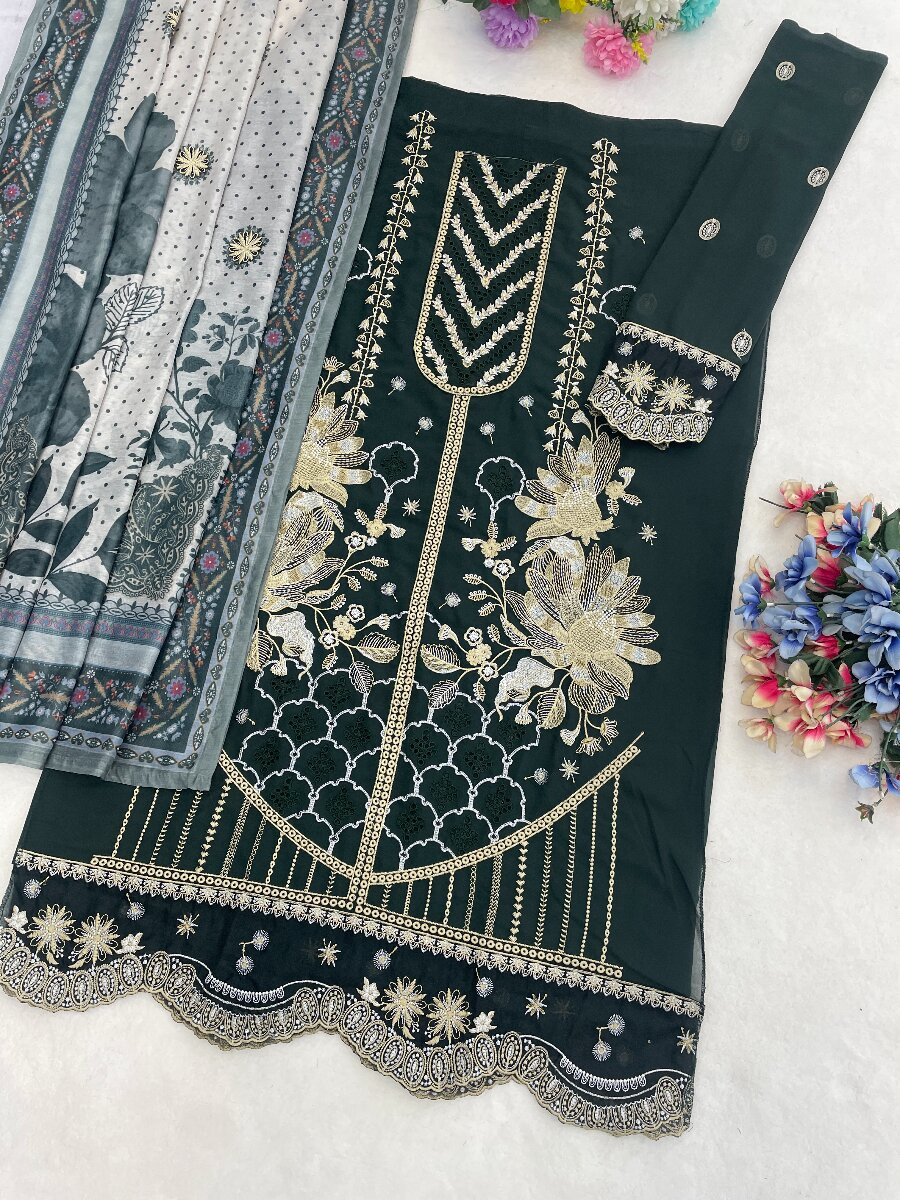 Green Fox Georgette Embroidery Casual Festival Wedding Party Pant Salwar Kameez