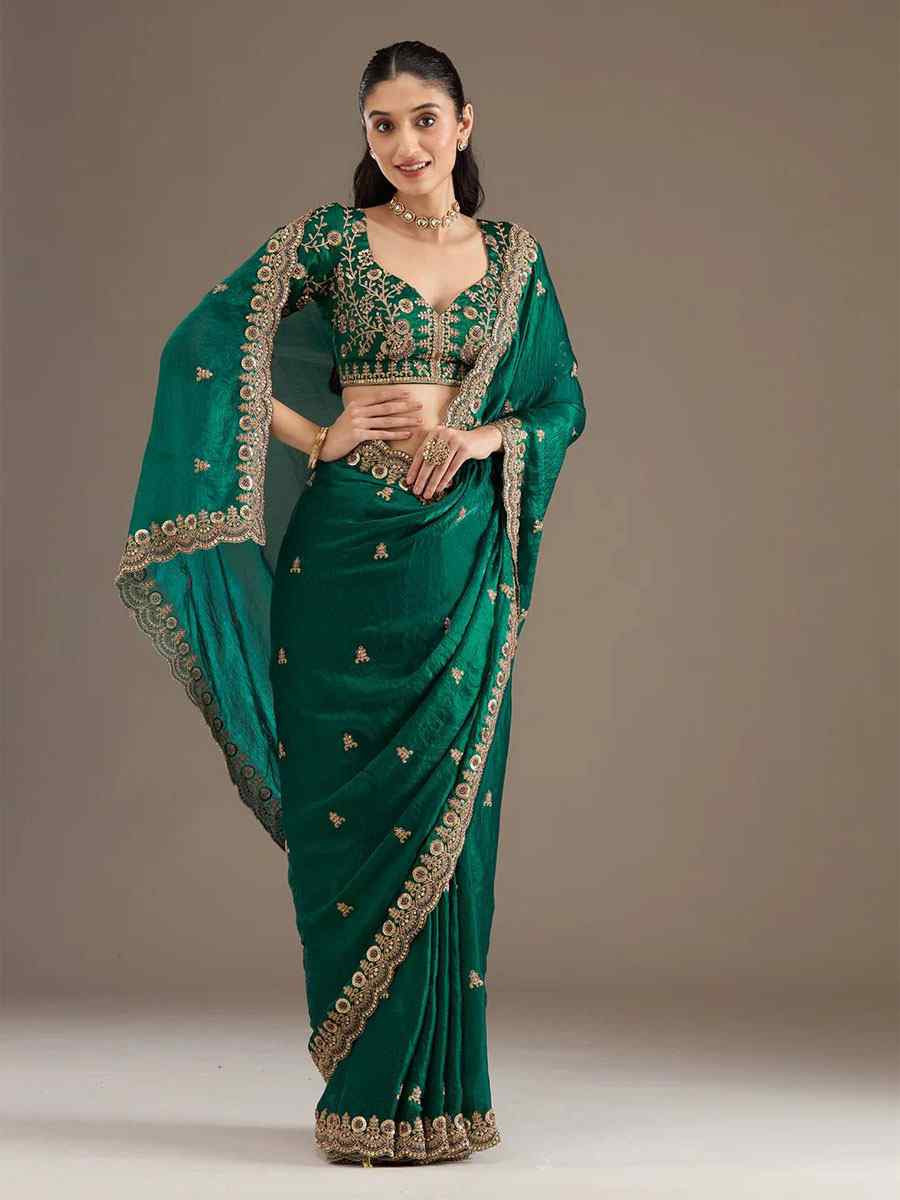 Green Frendy Satin Silk Embroidery Bridal Reception Festival Wedding Fancy Heavy Border Saree