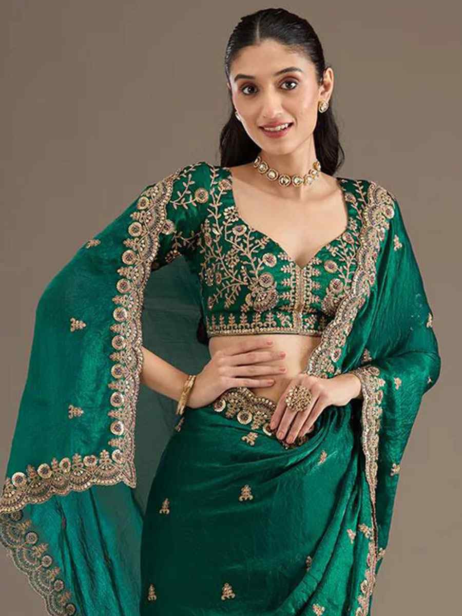 Green Frendy Satin Silk Embroidery Bridal Reception Festival Wedding Fancy Heavy Border Saree