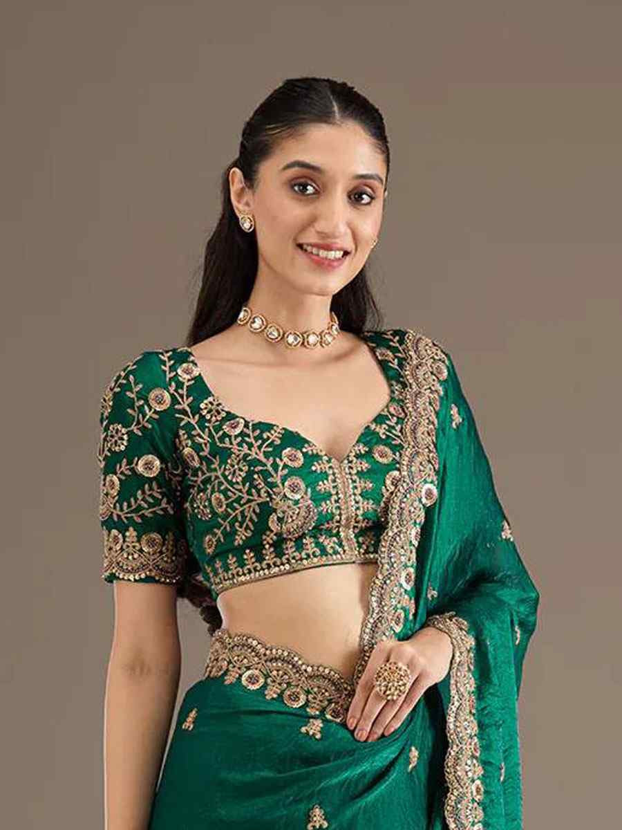 Green Frendy Satin Silk Embroidery Bridal Reception Festival Wedding Fancy Heavy Border Saree
