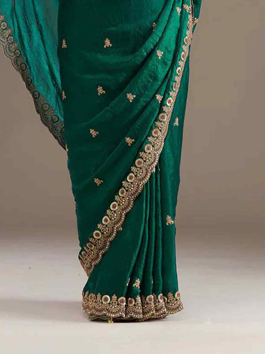 Green Frendy Satin Silk Embroidery Bridal Reception Festival Wedding Fancy Heavy Border Saree