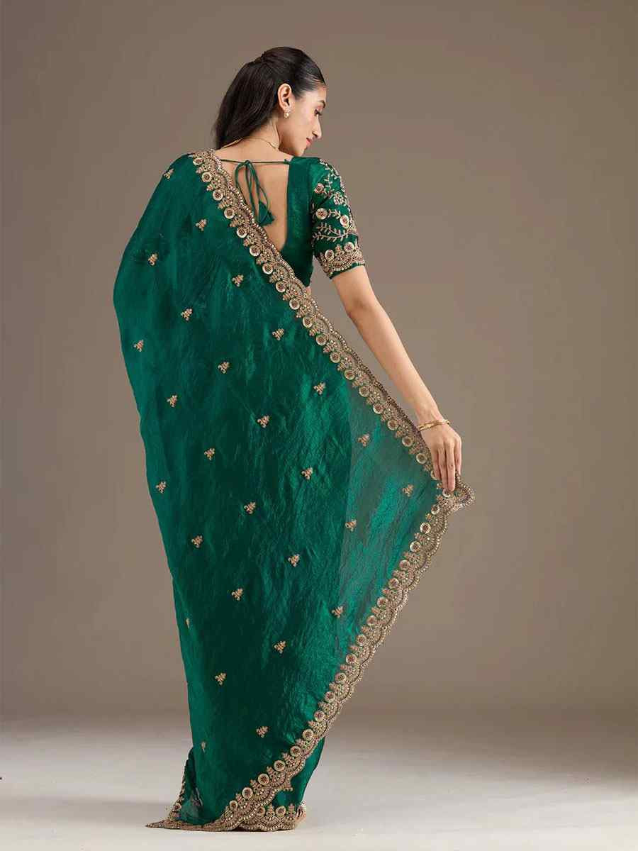 Green Frendy Satin Silk Embroidery Bridal Reception Festival Wedding Fancy Heavy Border Saree