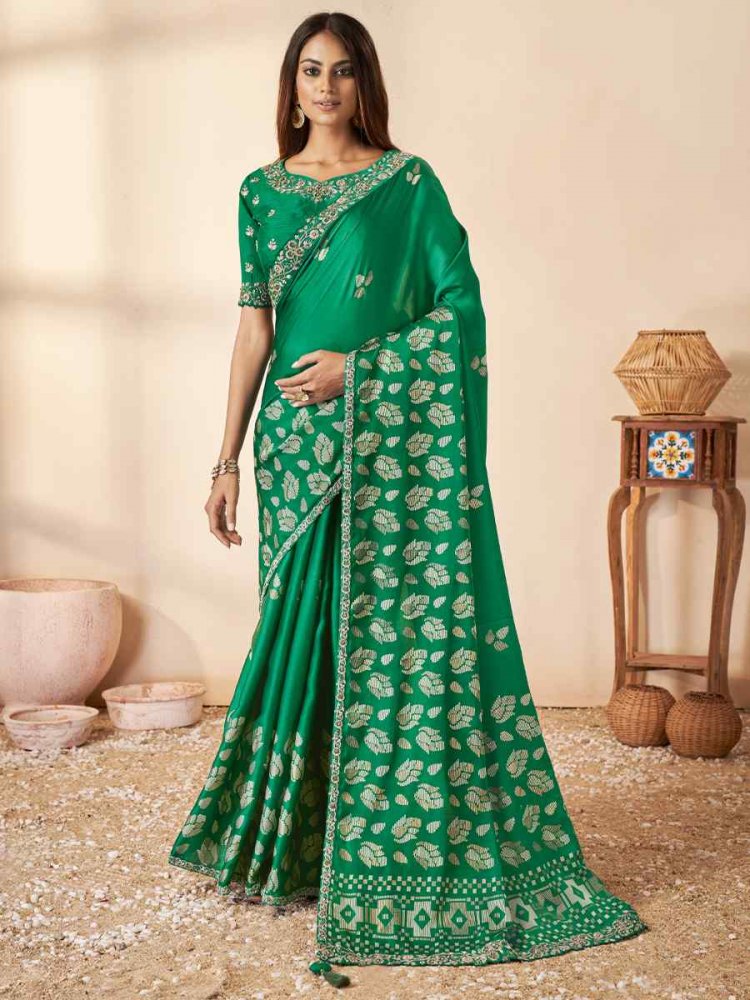 Green Gajji Silk Embroidery Wedding Reception Heavy Border Saree
