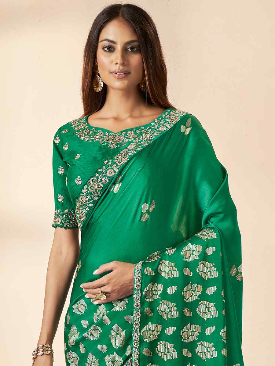 Green Gajji Silk Embroidery Wedding Reception Heavy Border Saree