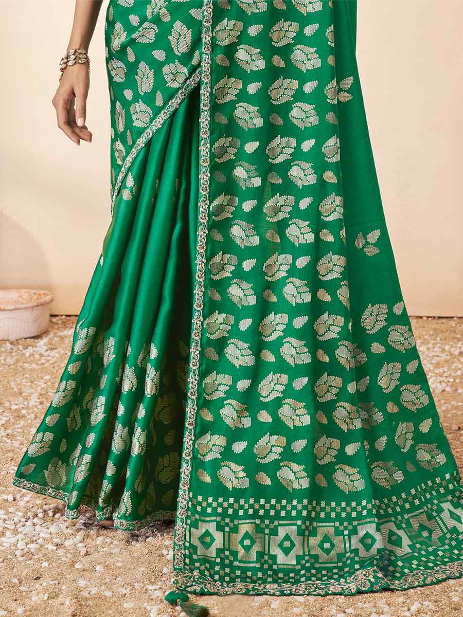 Green Gajji Silk Embroidery Wedding Reception Heavy Border Saree