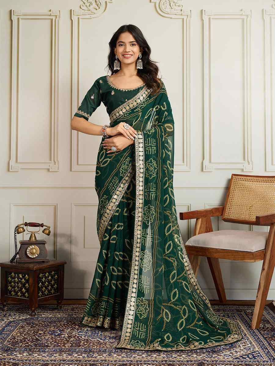 Green Georgette Bhandej Print with Embroidery Party Bridal Reception Festival Wedding Fancy Heavy Border Saree