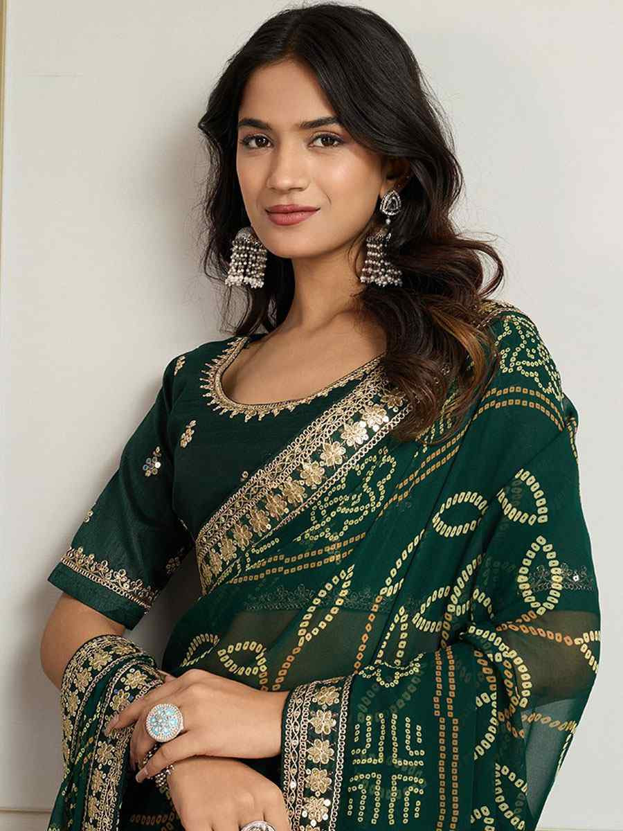 Green Georgette Bhandej Print with Embroidery Party Bridal Reception Festival Wedding Fancy Heavy Border Saree