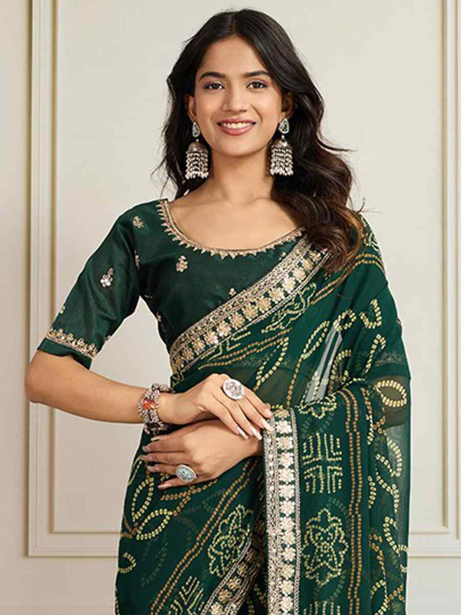 Green Georgette Bhandej Print with Embroidery Party Bridal Reception Festival Wedding Fancy Heavy Border Saree