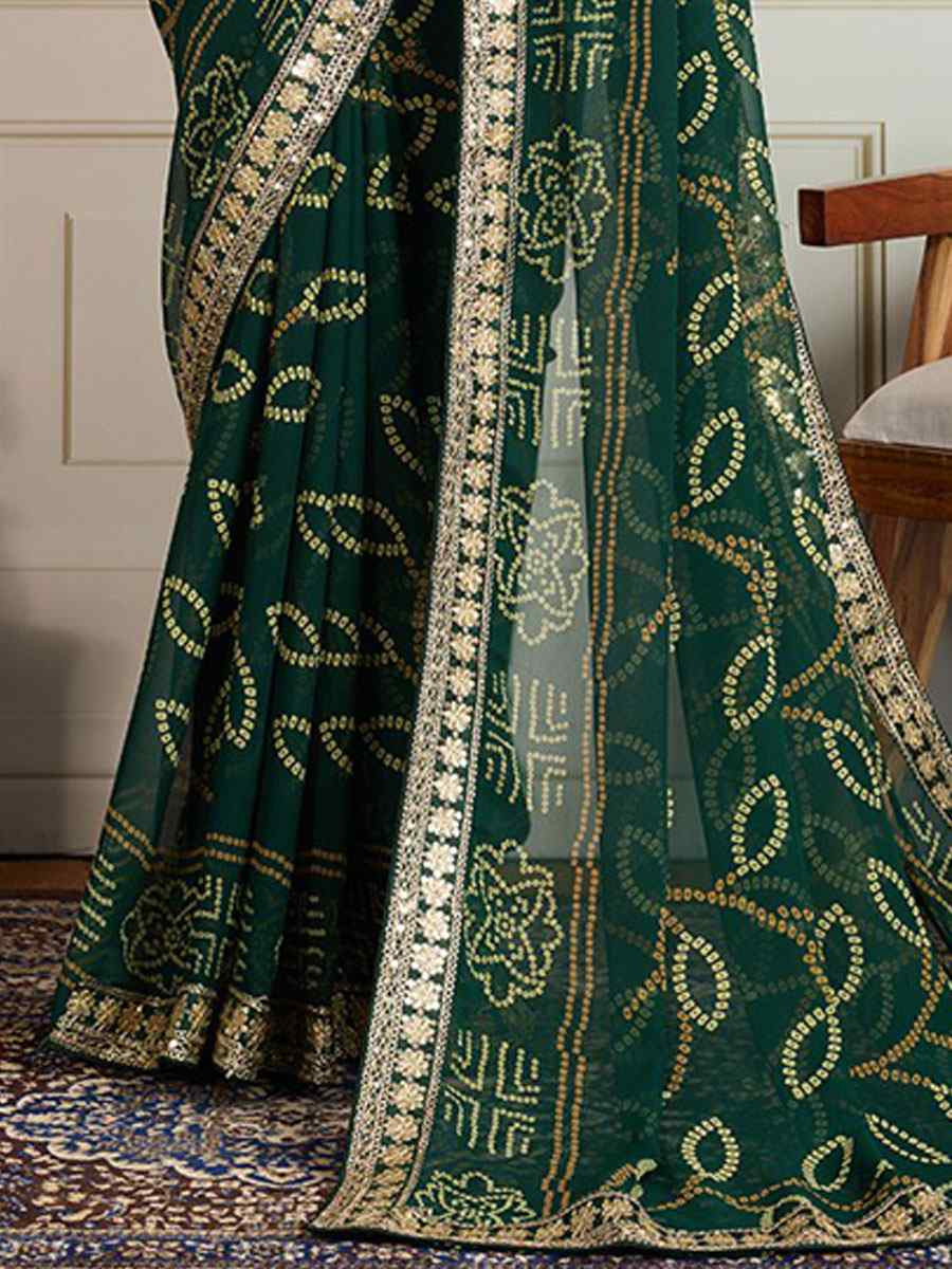 Green Georgette Bhandej Print with Embroidery Party Bridal Reception Festival Wedding Fancy Heavy Border Saree