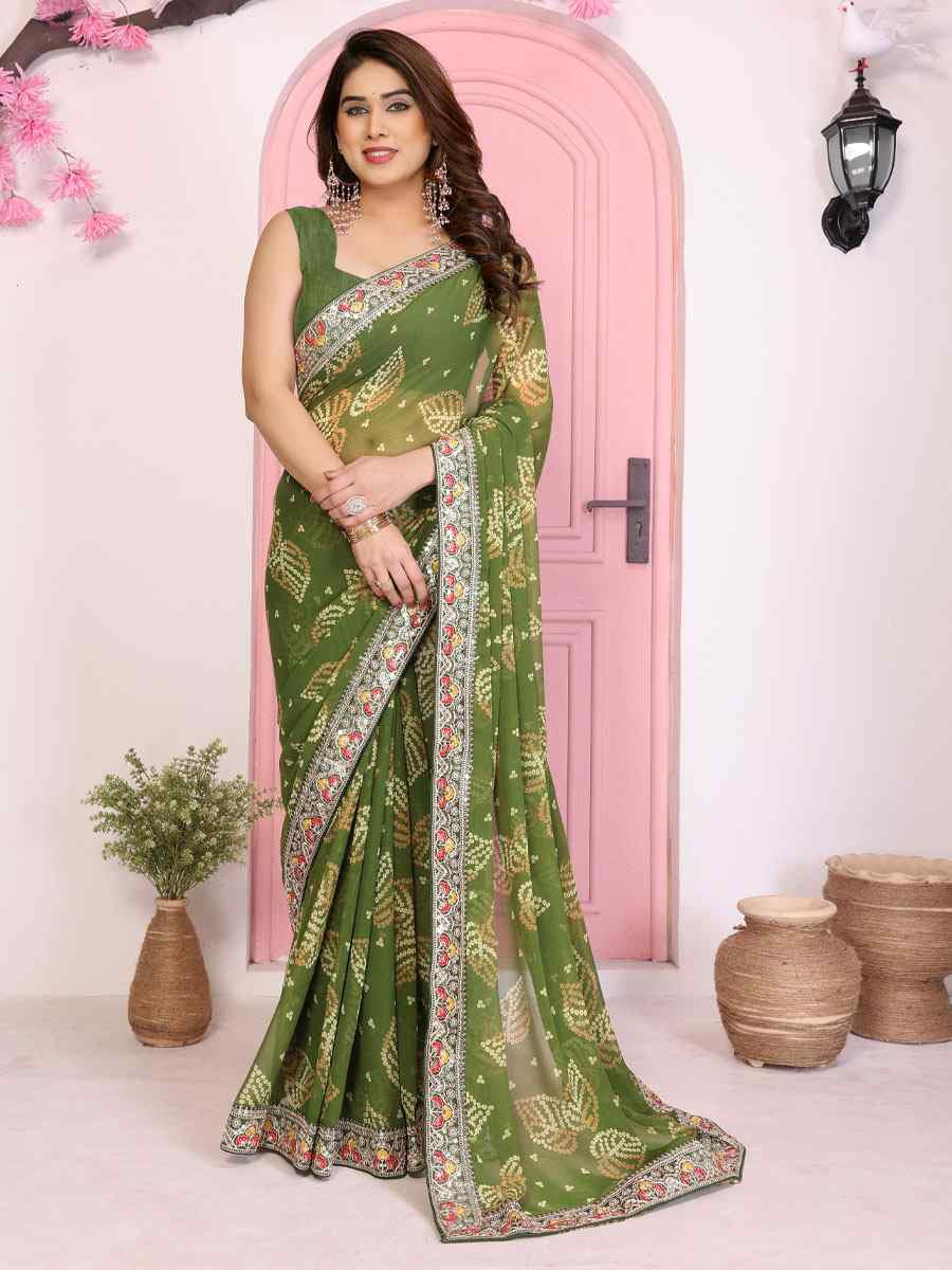 Green Georgette Bhandej Print with Embroidery Party Bridal Reception Festival Wedding Fancy Heavy Border Saree