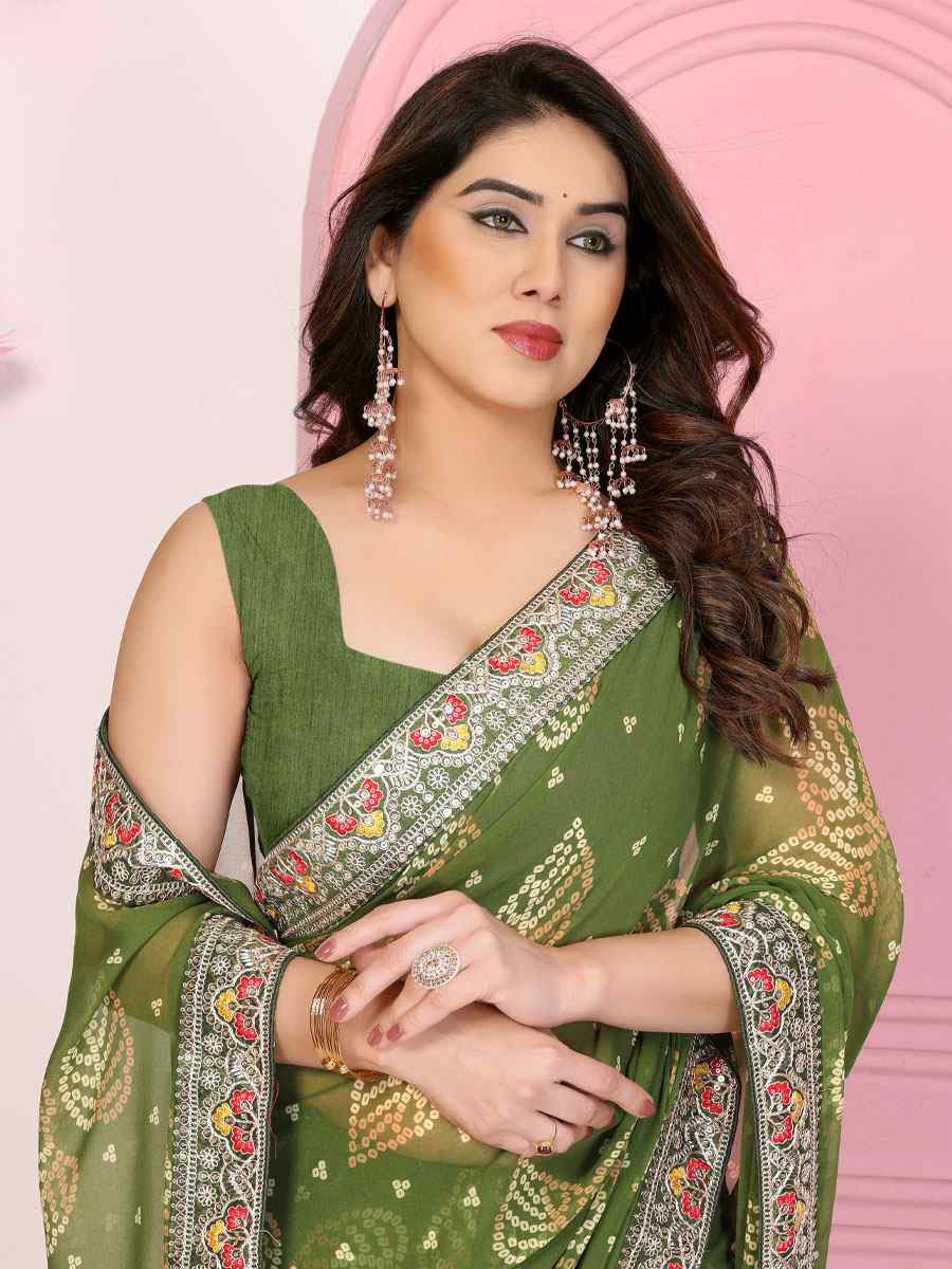 Green Georgette Bhandej Print with Embroidery Party Bridal Reception Festival Wedding Fancy Heavy Border Saree