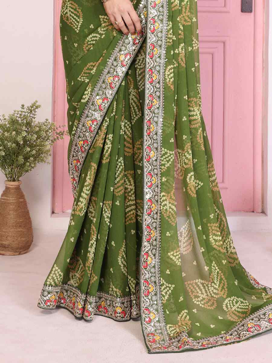 Green Georgette Bhandej Print with Embroidery Party Bridal Reception Festival Wedding Fancy Heavy Border Saree
