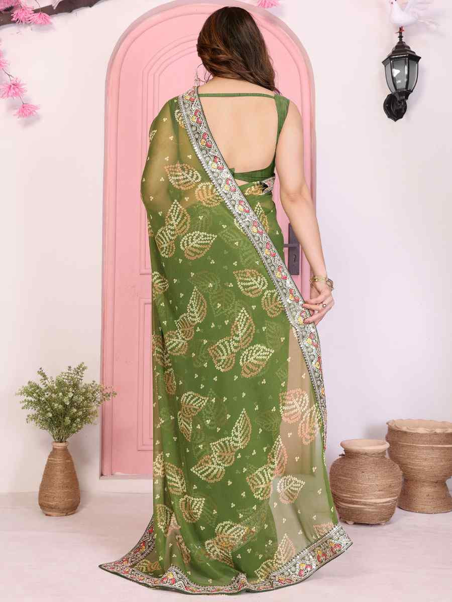 Green Georgette Bhandej Print with Embroidery Party Bridal Reception Festival Wedding Fancy Heavy Border Saree