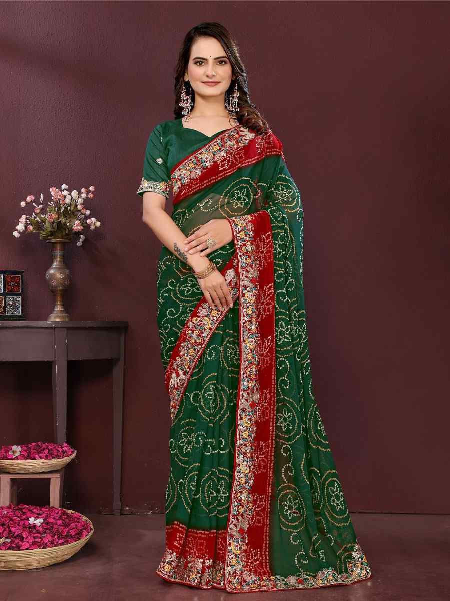 Green Georgette Bhandej Print with Embroidery Party Bridal Reception Festival Wedding Fancy Heavy Border Saree