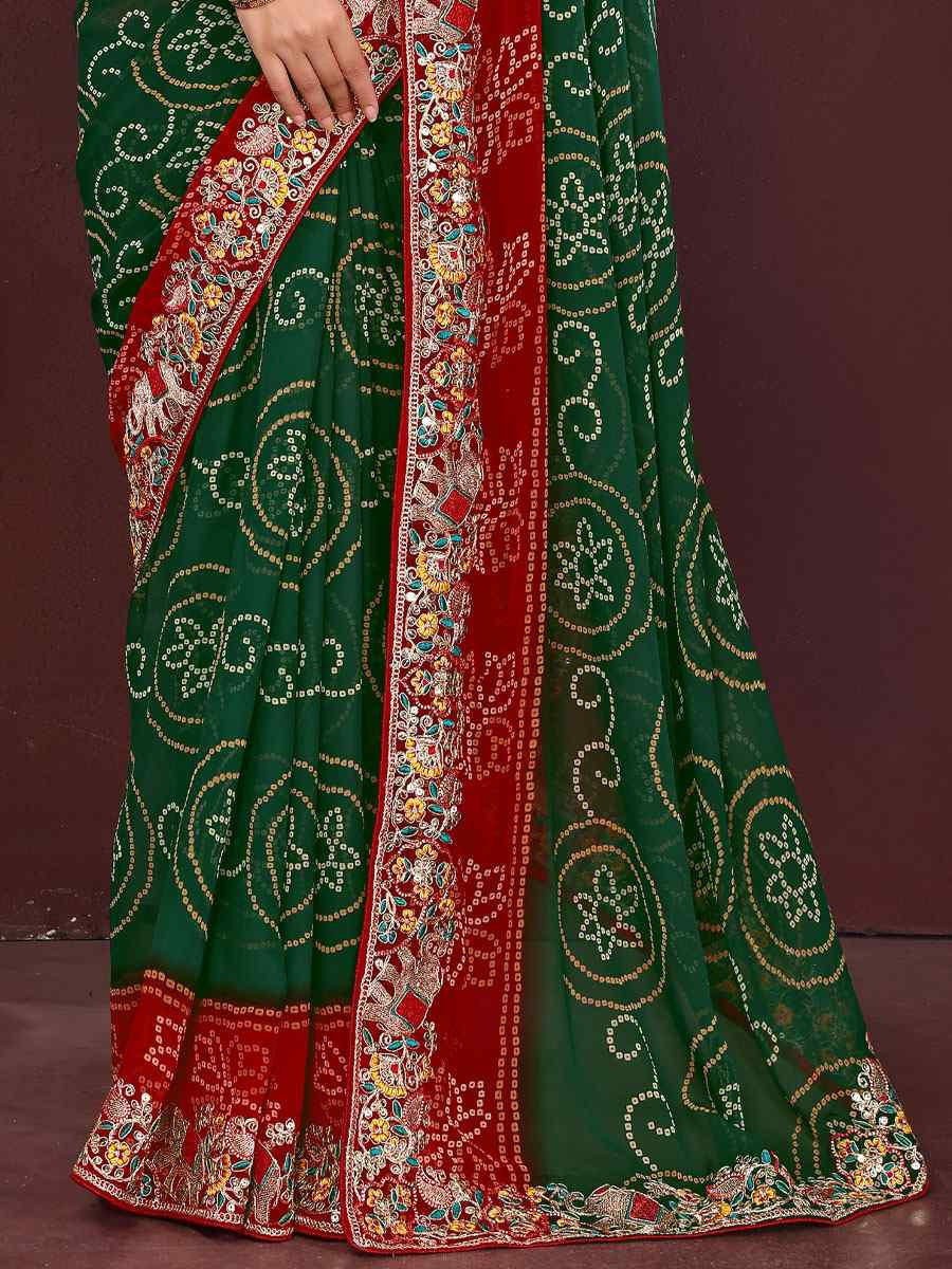 Green Georgette Bhandej Print with Embroidery Party Bridal Reception Festival Wedding Fancy Heavy Border Saree
