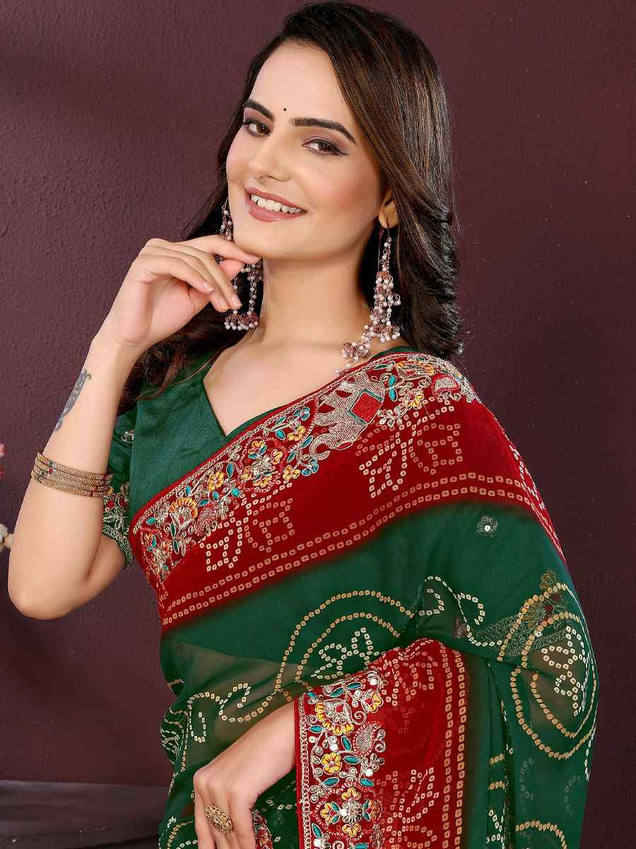 Green Georgette Bhandej Print with Embroidery Party Bridal Reception Festival Wedding Fancy Heavy Border Saree