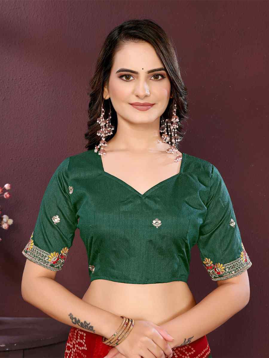 Green Georgette Bhandej Print with Embroidery Party Bridal Reception Festival Wedding Fancy Heavy Border Saree