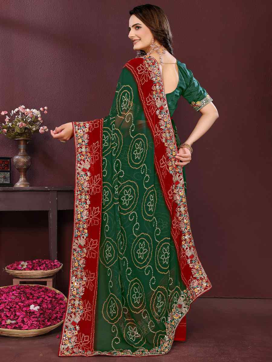 Green Georgette Bhandej Print with Embroidery Party Bridal Reception Festival Wedding Fancy Heavy Border Saree