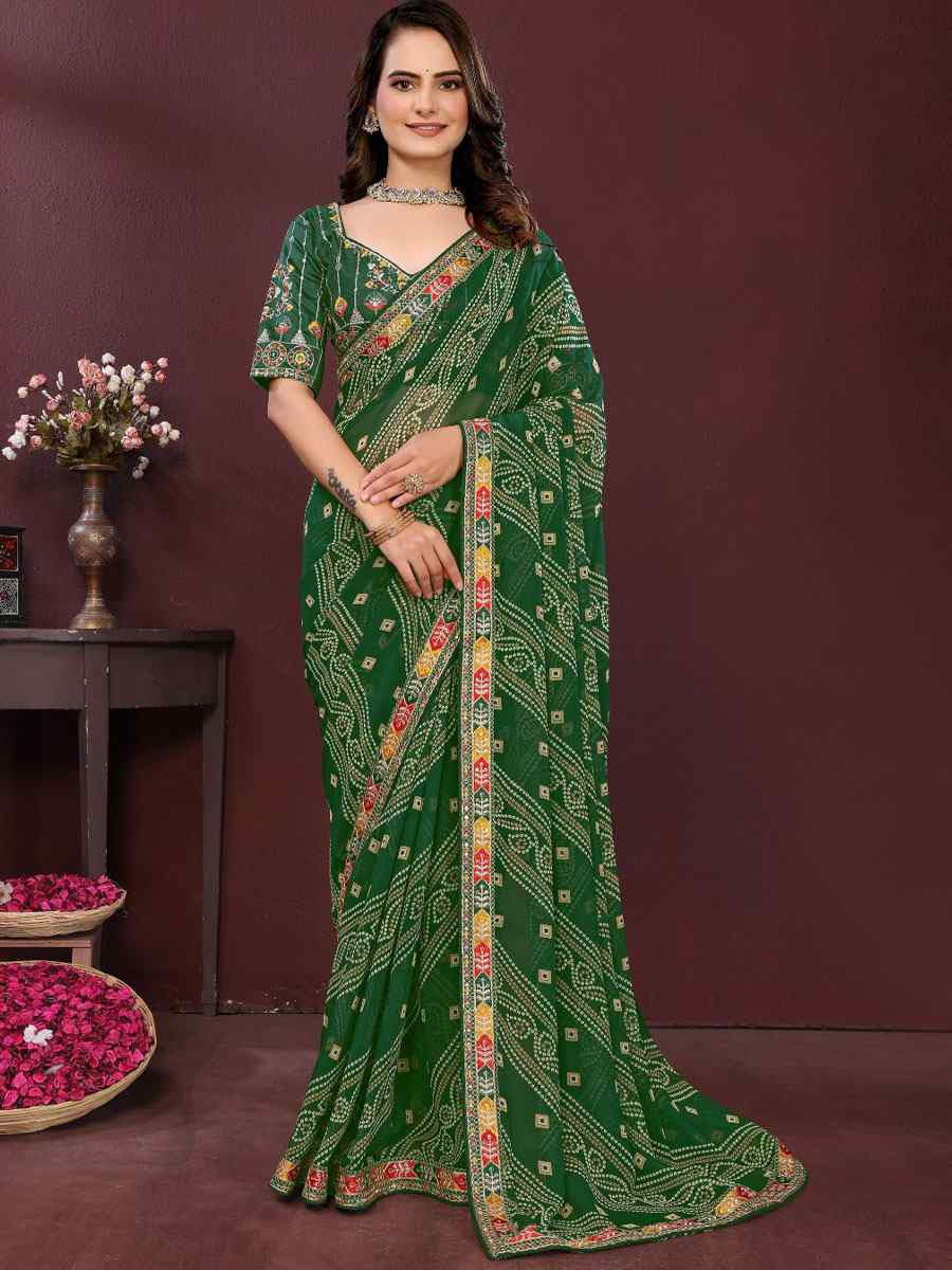 Green Georgette Bhandej Printed Embroidery Traditional Festival Reception Festival Wedding Fancy Heavy Border Saree