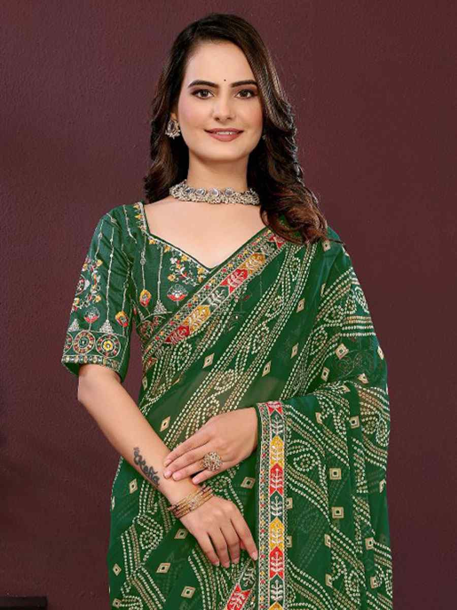 Green Georgette Bhandej Printed Embroidery Traditional Festival Reception Festival Wedding Fancy Heavy Border Saree