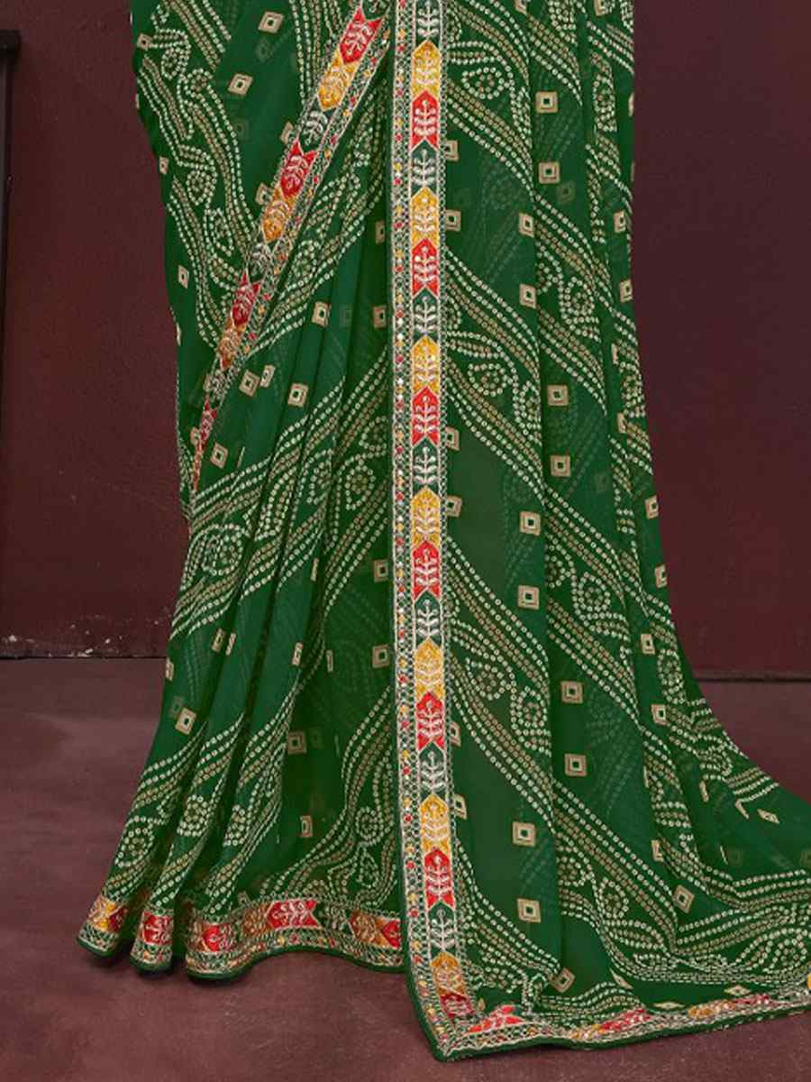 Green Georgette Bhandej Printed Embroidery Traditional Festival Reception Festival Wedding Fancy Heavy Border Saree