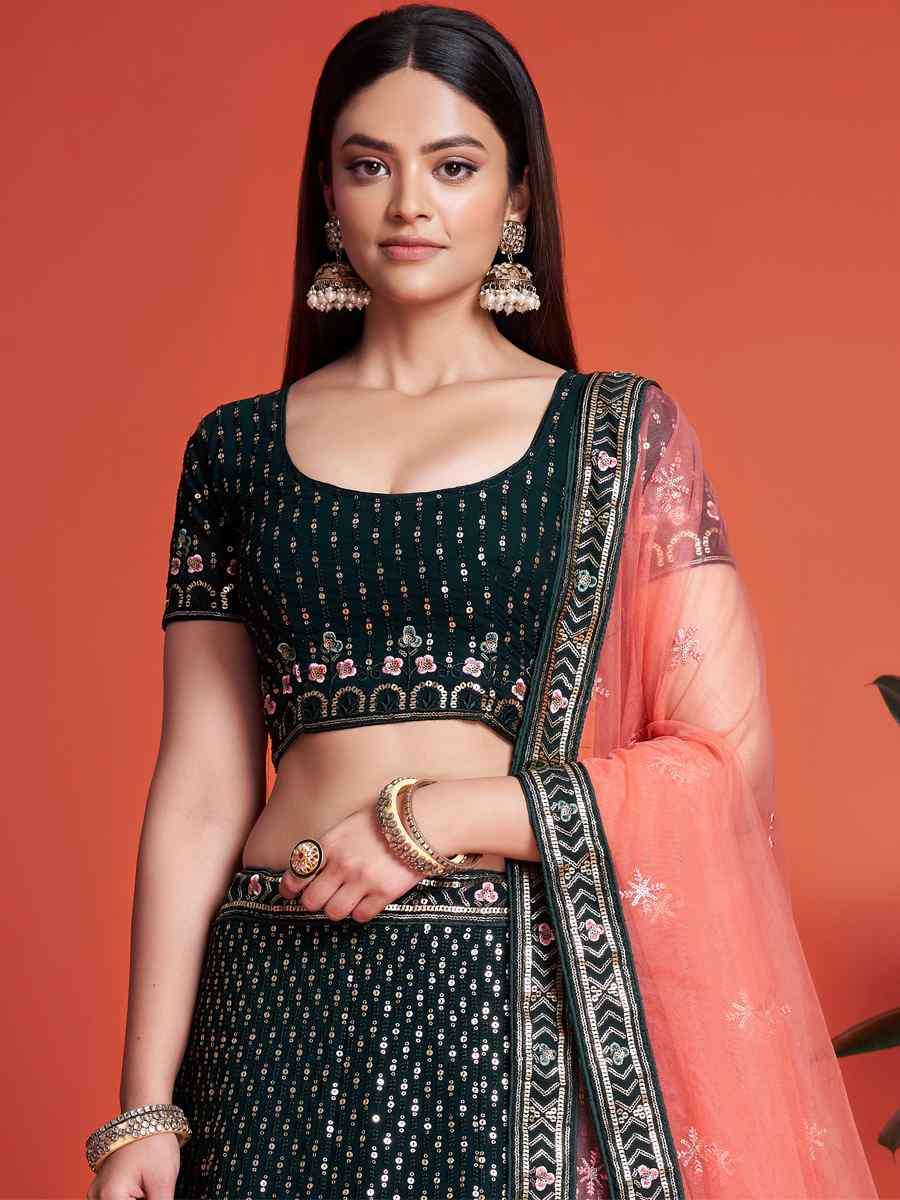Green Georgette Embroidered Bridesmaid Reception Heavy Border Lehenga Choli