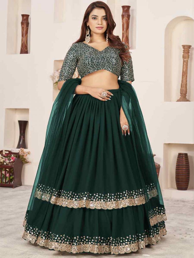 Green Georgette Embroidered Bridesmaid Wedding Heavy Border Lehenga Choli