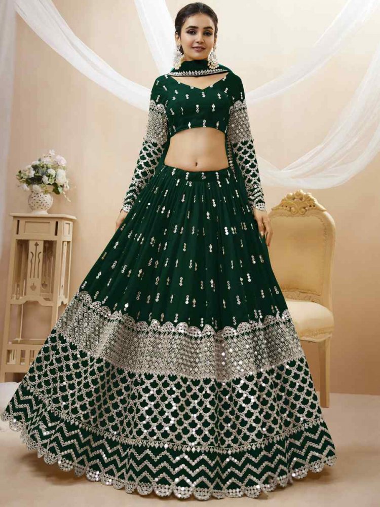 Green Georgette Embroidered Bridesmaid Wedding Heavy Border Lehenga Choli