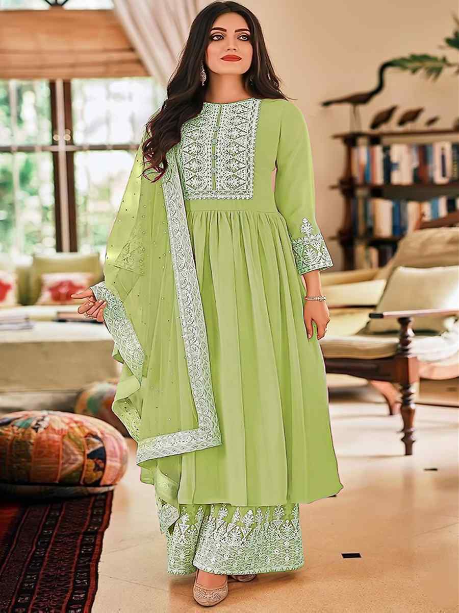 Green Georgette Embroidered Festival Casual Pant Salwar Kameez