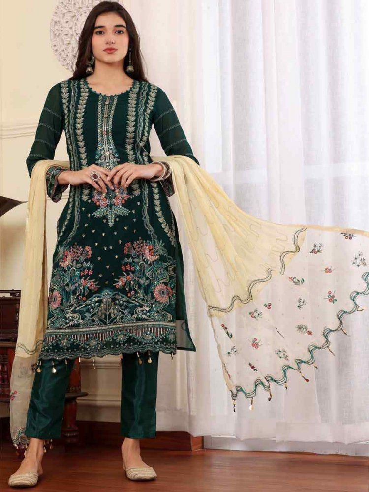 Green Georgette Embroidered Festival Casual Pant Salwar Kameez