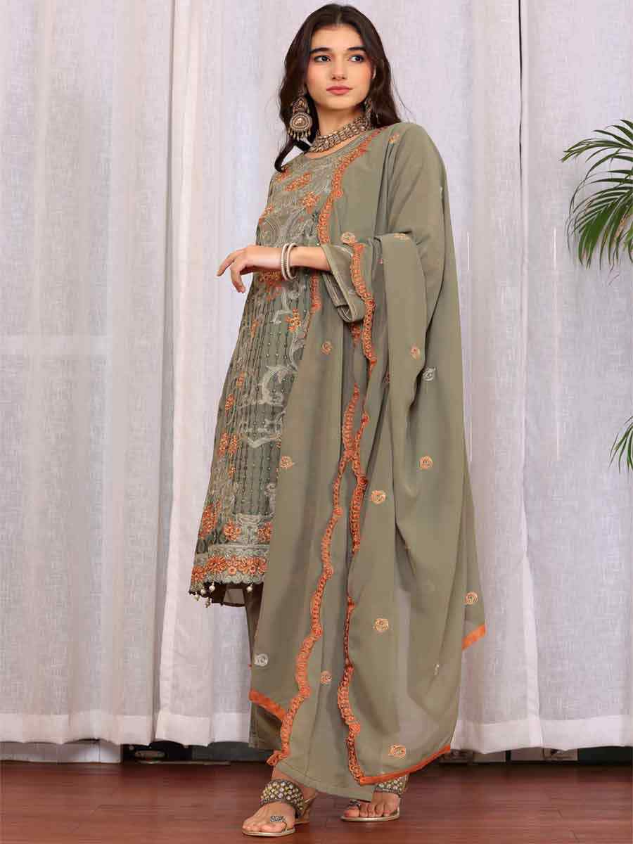 Green Georgette Embroidered Festival Casual Pant Salwar Kameez