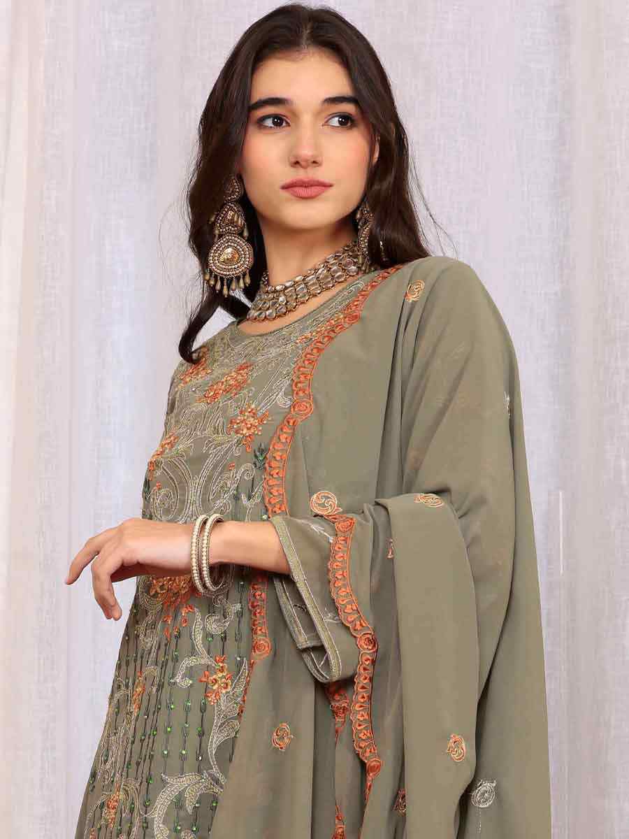 Green Georgette Embroidered Festival Casual Pant Salwar Kameez