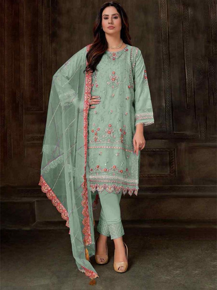 Green Georgette Embroidered Festival Casual Pant Salwar Kameez