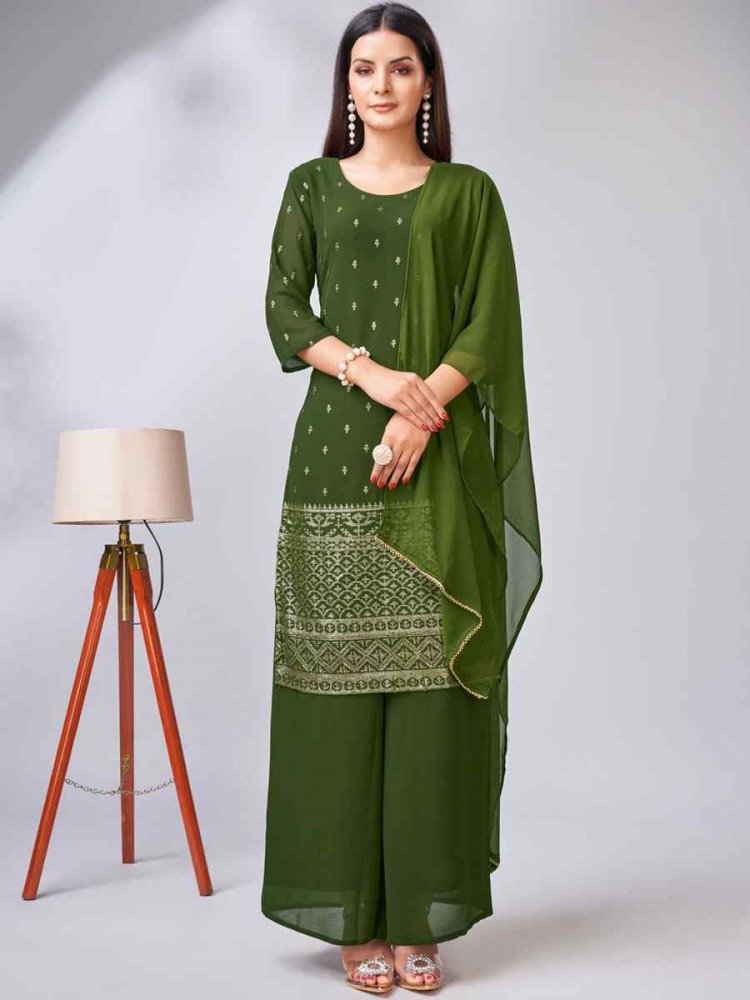 Green Georgette Embroidered Festival Casual Ready Palazzo Pant Salwar Kameez