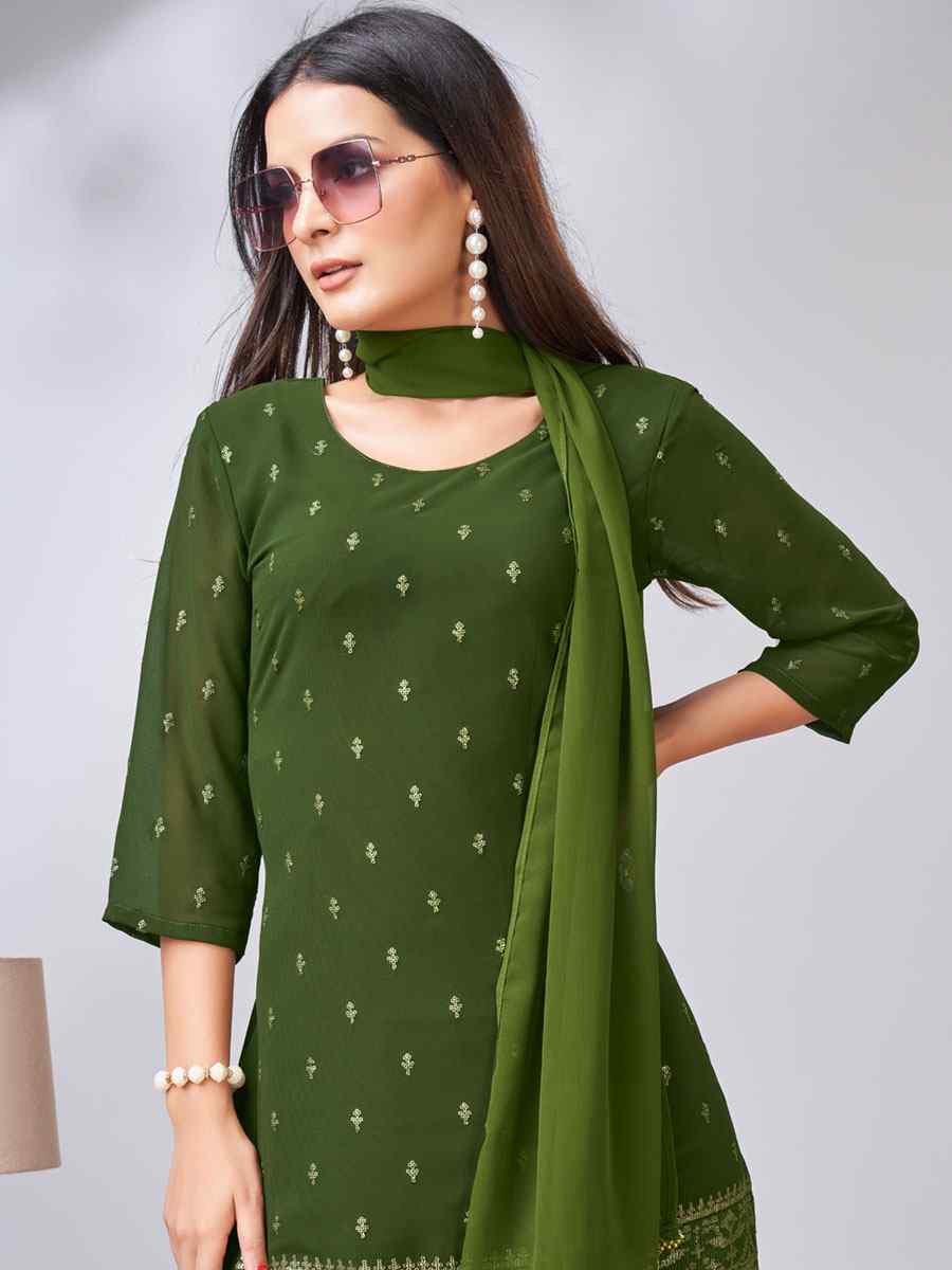Green Georgette Embroidered Festival Casual Ready Palazzo Pant Salwar Kameez