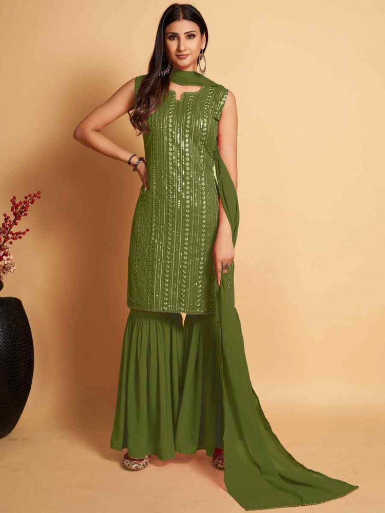 Green Georgette Embroidered Festival Casual Ready Sharara Pant Salwar Kameez