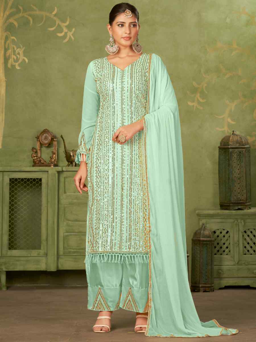 Green Georgette Embroidered Festival Mehendi Pant Salwar Kameez