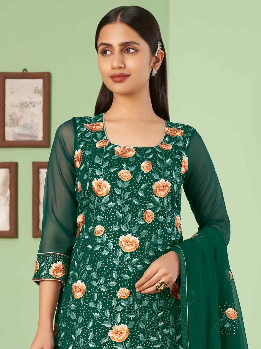 Green Georgette Embroidered Festival Palazzo Pant Salwar Kameez