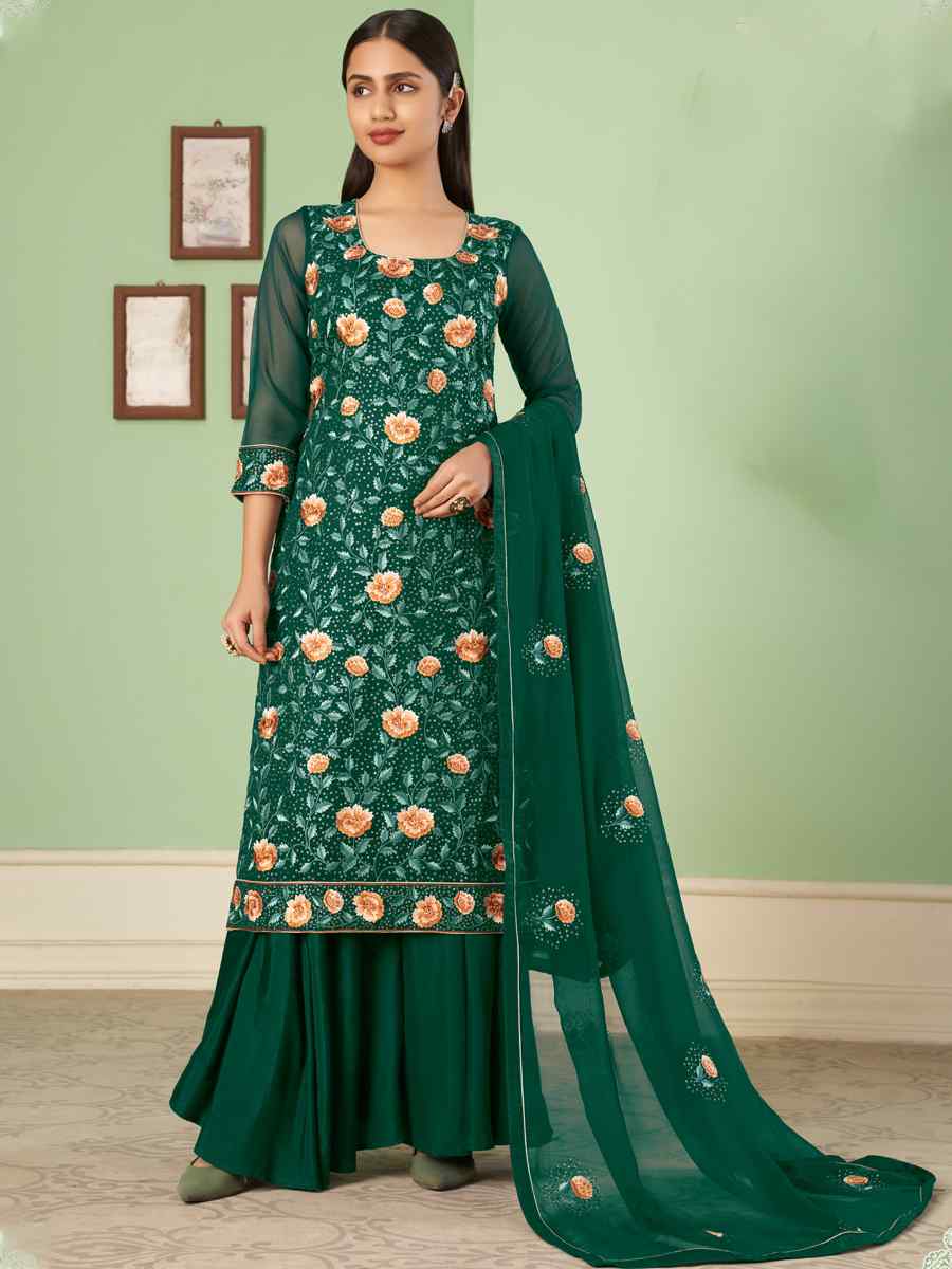 Green Georgette Embroidered Festival Palazzo Pant Salwar Kameez