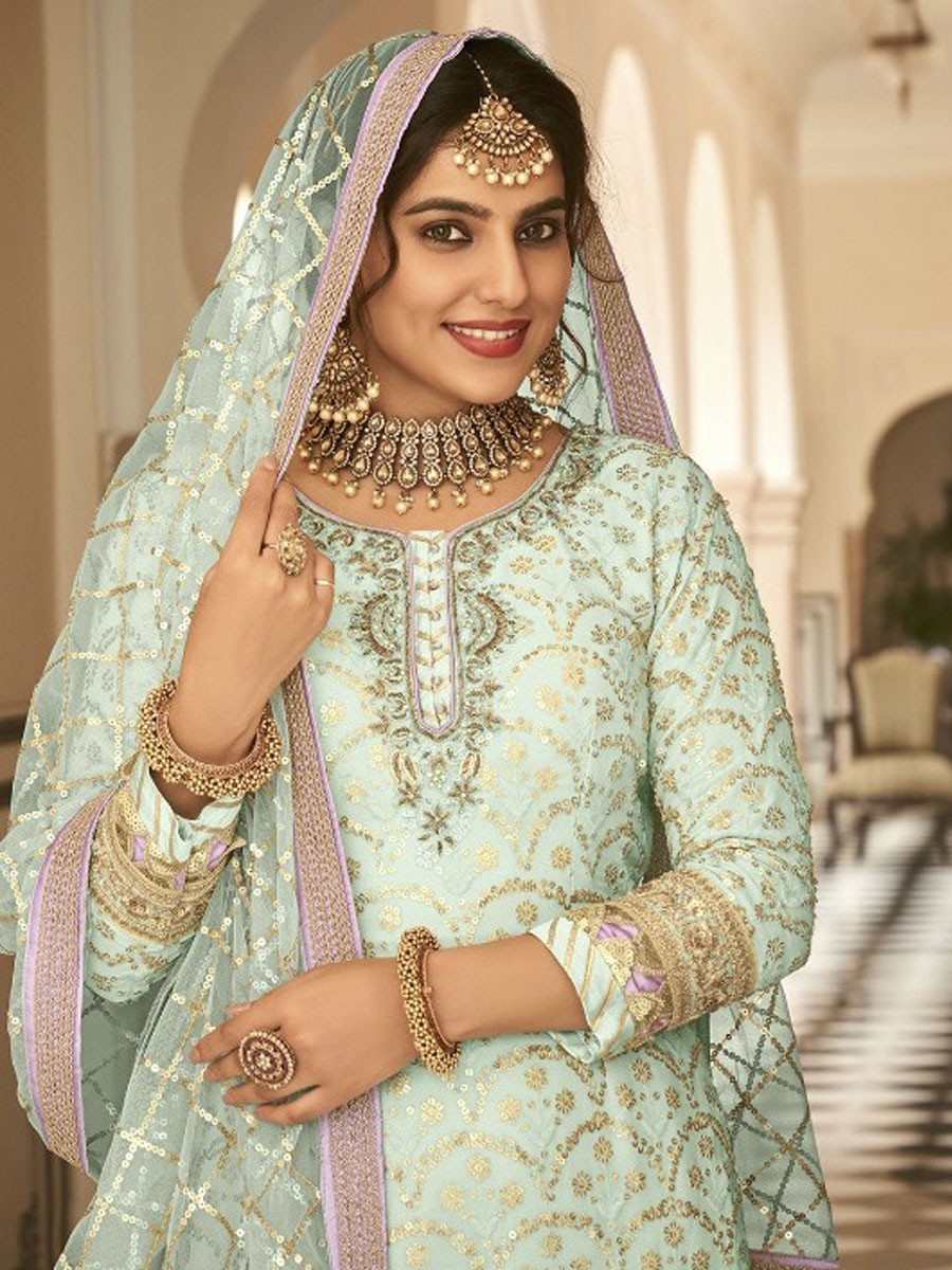 Green Georgette Embroidered Festival Pant Salwar Kameez