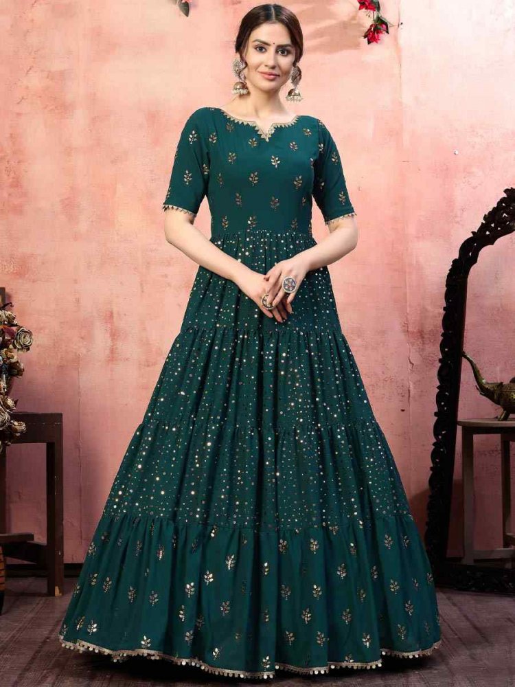 Green Georgette Embroidered Festival Party Gown