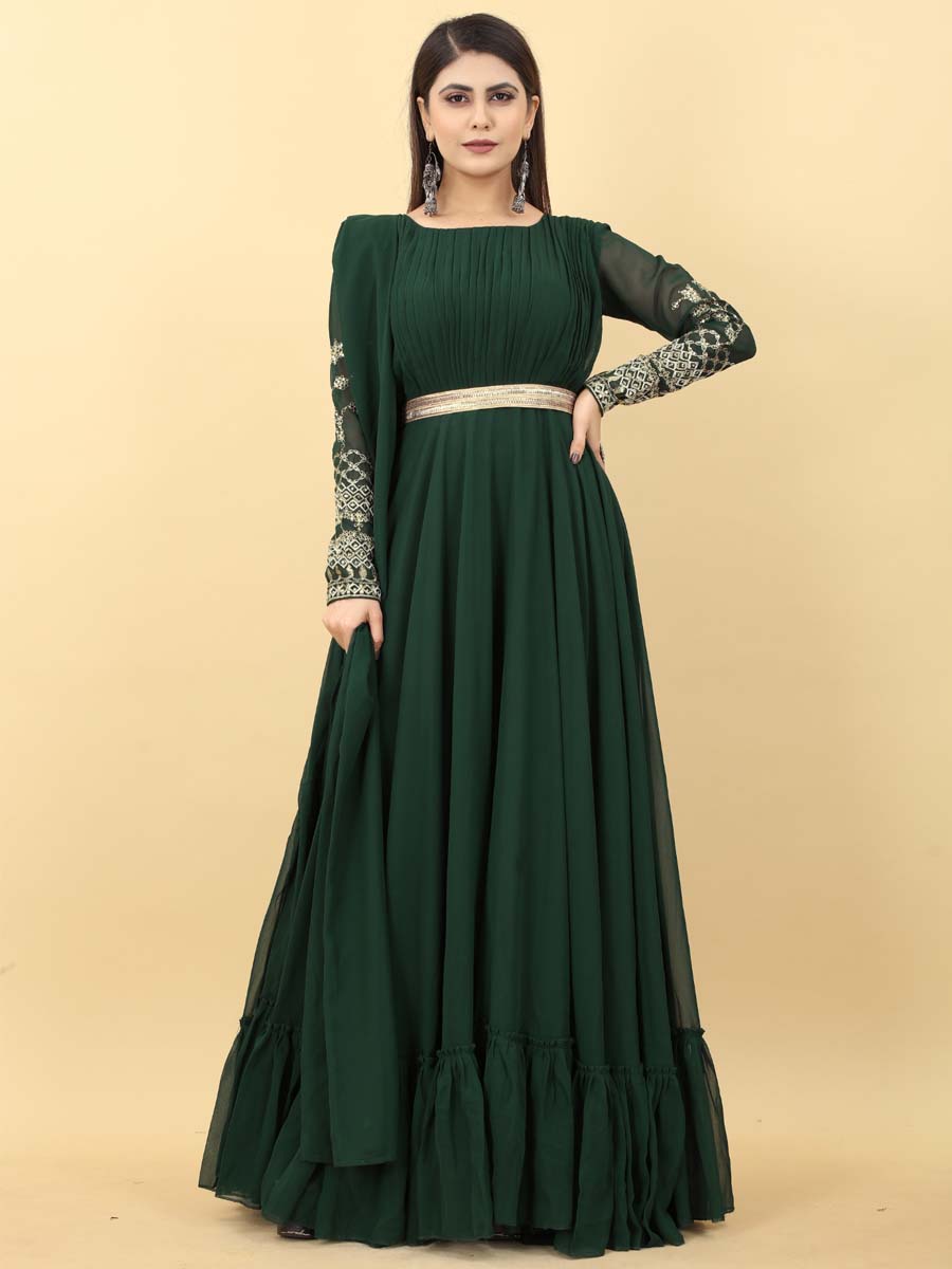 Green Georgette Embroidered Festival Party Gown