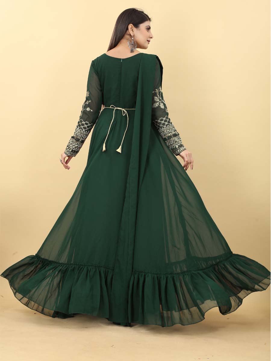 Green Georgette Embroidered Festival Party Gown
