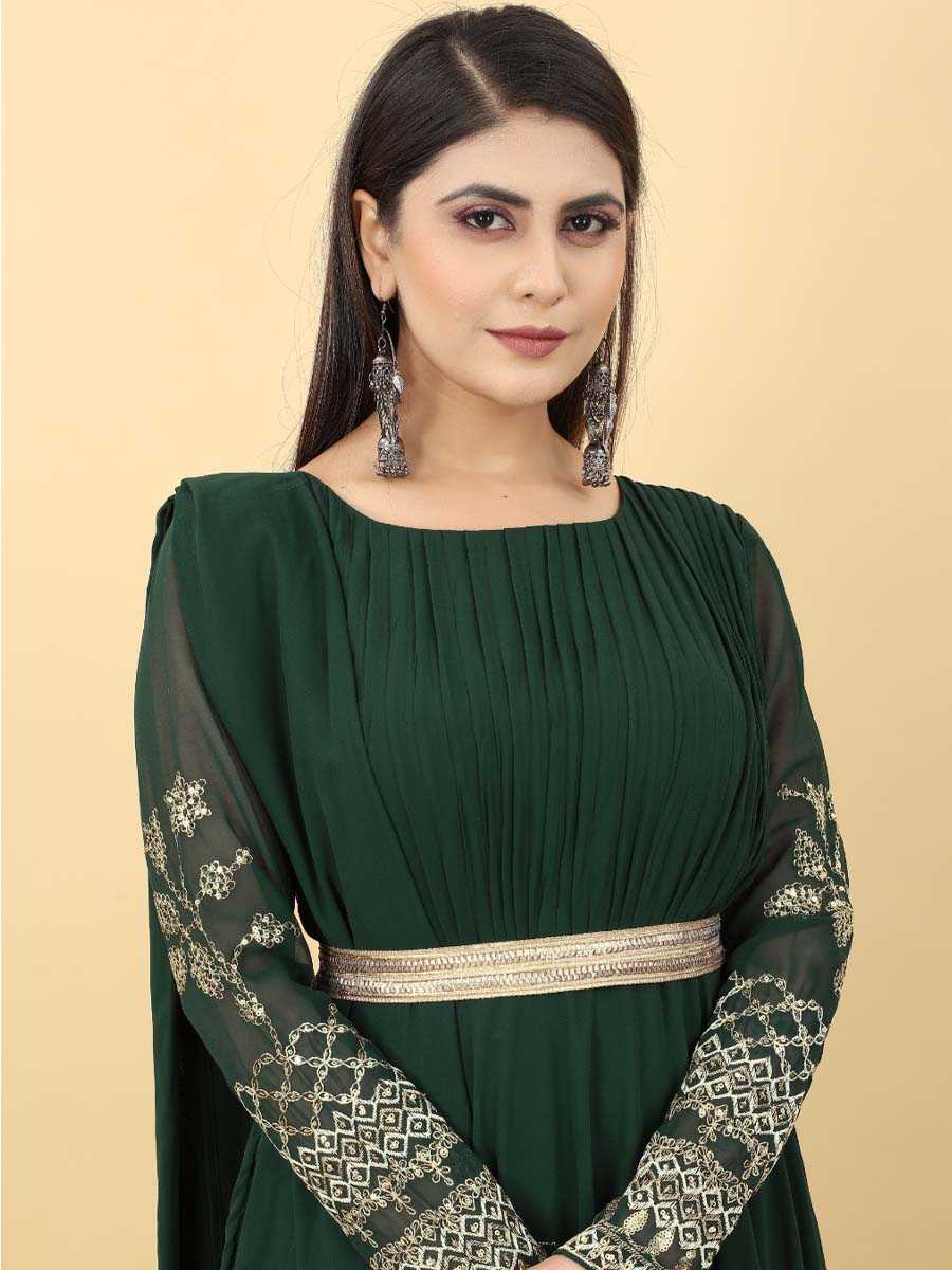 Green Georgette Embroidered Festival Party Gown