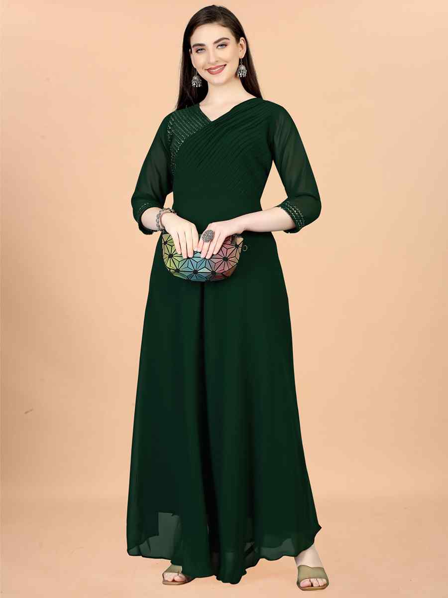 Green Georgette Embroidered Festival Party Gown
