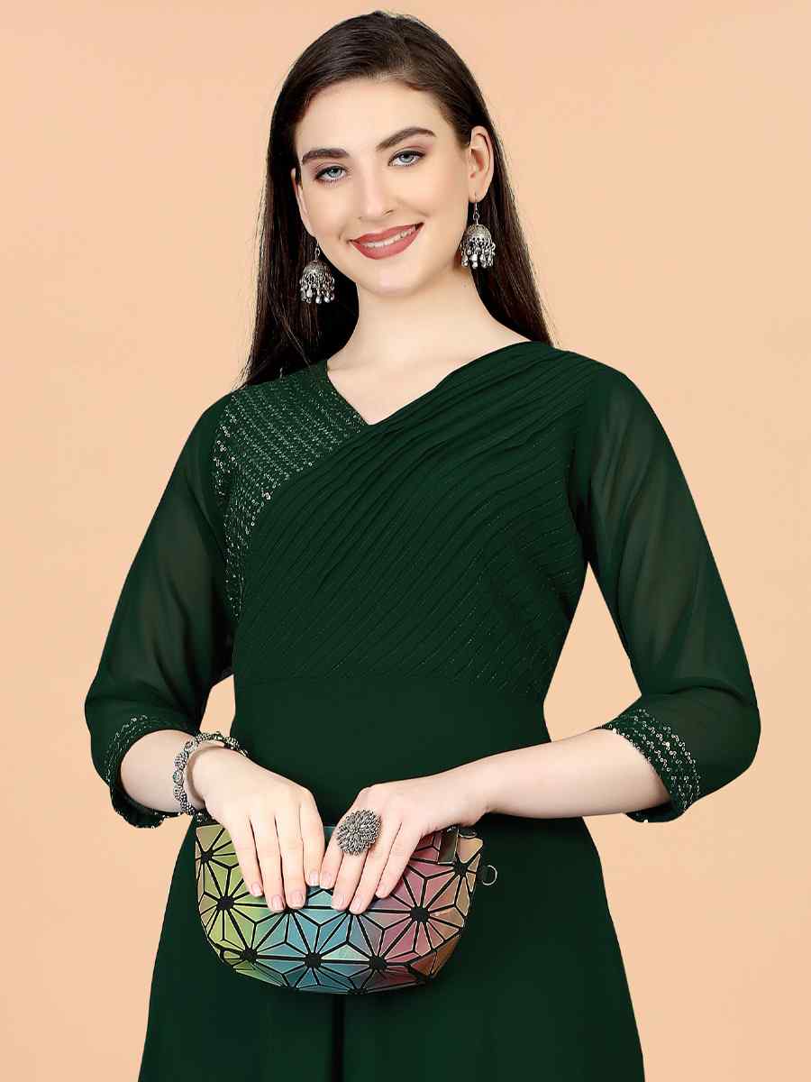 Green Georgette Embroidered Festival Party Gown