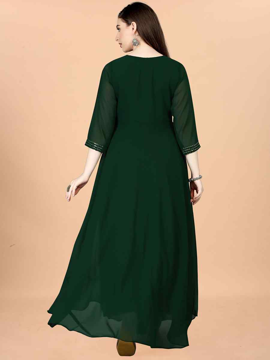 Green Georgette Embroidered Festival Party Gown