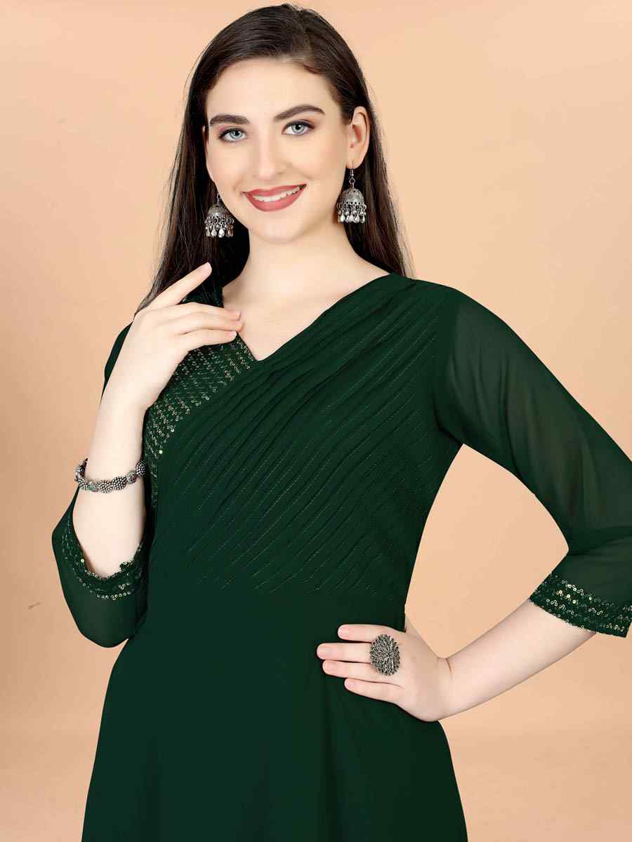 Green Georgette Embroidered Festival Party Gown