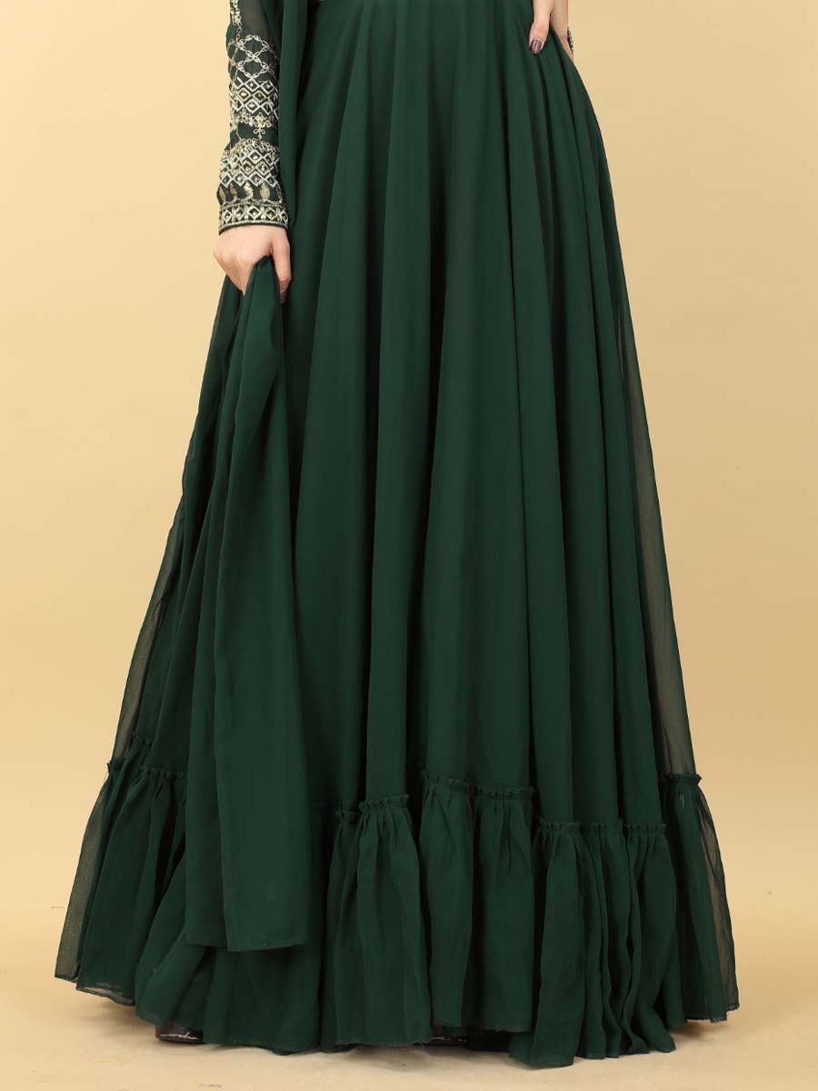 Green Georgette Embroidered Festival Party Gown